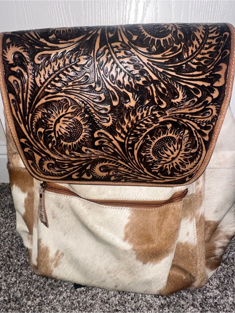 Myra Bag Brown & White Tooled Floral Cowhide Backpack